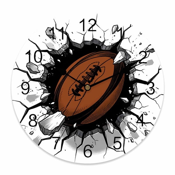 Wall Clock 3D Brown Rugby Clocks PVC Silent Non-Ticking Battery Operated Decorative Football Break through Wall Round Clock for Home Living Room Kitchen Bedroom Office School Wall Decor 12 Inch