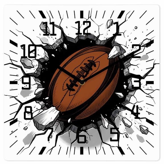 Wall Clock 3D Brown Rugby Operated Square Clocks Wooden Silent Non-Ticking Wallclock 12 Inch Football Break through Wall Wood Wall Clock for Living Room Bedroom Office Shool Home Decor