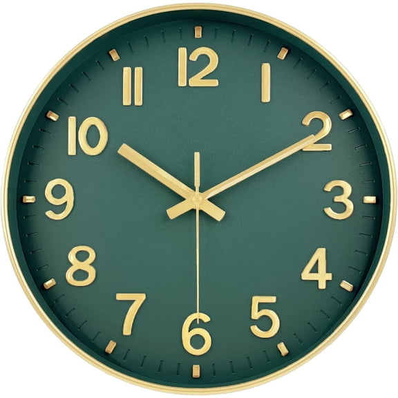 Wall Clock, 8 Inch Wall Clocks Battery Operated, Modern Non Ticking Silent Digital Analog Small Wall Clock for Bedroom Living Room Kitchen Office Gym Classroom Outdoor Clocks, Gold Green