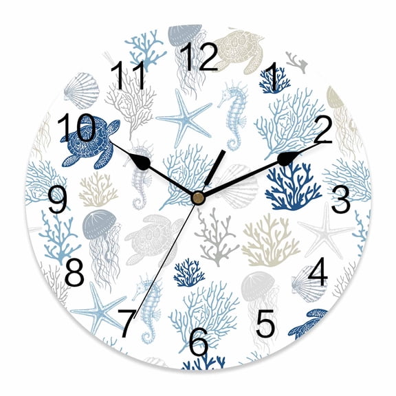 Wall Clock Abstract Coral Turtles Jellyfish Blue Shells Clocks PVC Silent Non-Ticking Battery Operated Decorative Sea Creature Round Clock for Home Living Room Kitchen Bedroom Wall Decor 10 Inch