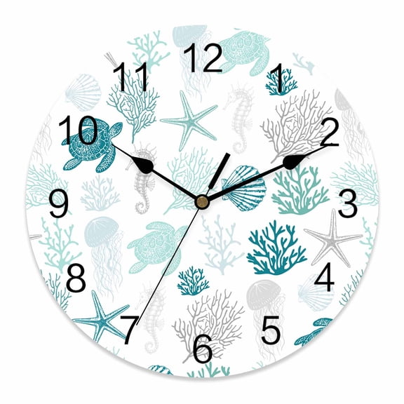 Wall Clock Abstract Coral Turtles Starfish Shells Clocks PVC Silent Non-Ticking Battery Operated Decorative Sea Creature Round Clock for Home Living Room Kitchen Bedroom Office Wall Decor 10 Inch