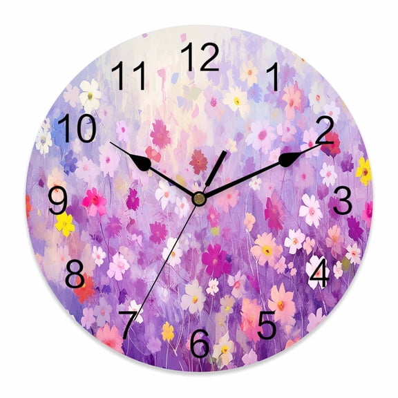 Wall Clock Abstract Flowers Clocks PVC Silent Non-Ticking Battery Operated Decorative Purple Daisy Full Spring Plant Round Clock for Home Living Room Kitchen Bedroom Office School Wall Decor 10 Inch