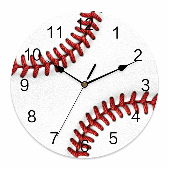 Wall Clock American Baseball Clocks PVC Silent Non-Ticking Battery Operated Decorative Sports Red White Stitches Round Clock for Home Living Room Kitchen Bedroom Office School Wall Decor 10 Inch