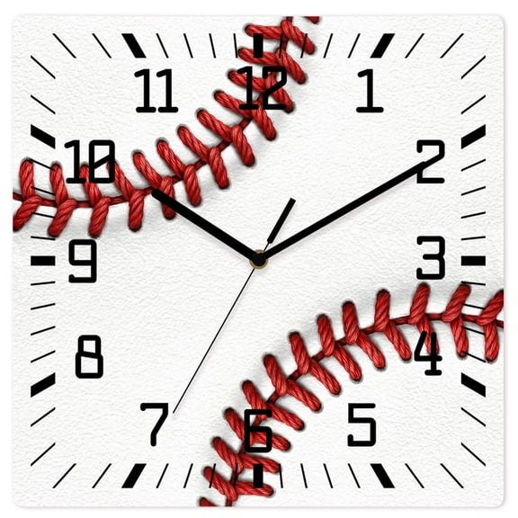 Wall Clock American Baseball Operated Square Clocks Wooden Silent Non-Ticking Wallclock 12 Inch Sports Red White Stitches Wood Wall Clock for Living Room Bedroom Office Shool Home Decor