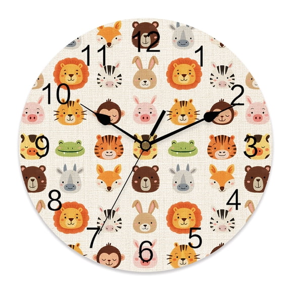 Wall Clock Animal Zoo Clocks PVC Silent Non-Ticking Battery Operated Decorative Lion Tiger Monkey Zebra Giraffe Linen Round Clock for Home Living Room Kitchen Bedroom Office Wall Decor 12 Inch
