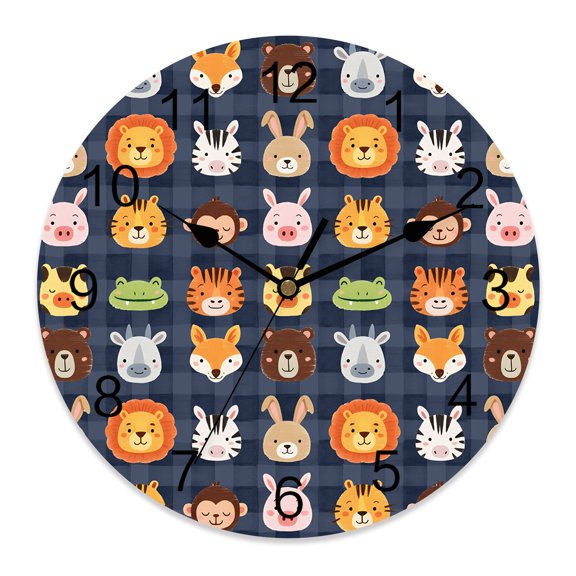 Wall Clock Animal Zoo Clocks PVC Silent Non-Ticking Battery Operated Decorative Lion Tiger Monkey Zebra Giraffe Plaid Round Clock for Home Living Room Kitchen Bedroom Office Wall Decor 10 Inch