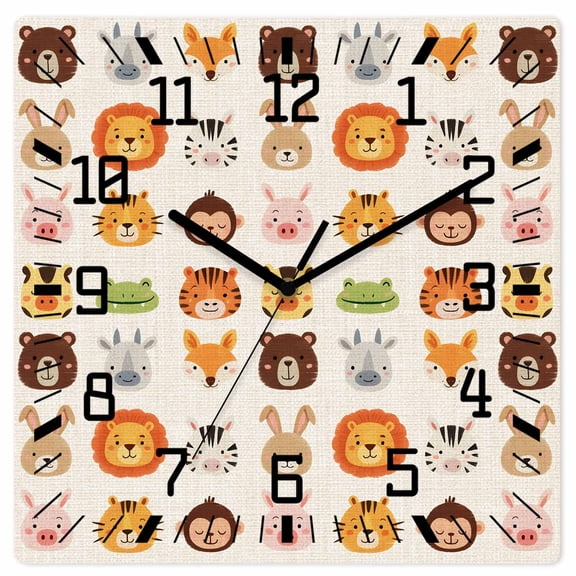 Wall Clock Animal Zoo Operated Square Clocks Wooden Silent Non-Ticking Wallclock 10 Inch Lion Tiger Monkey Zebra Giraffe Linen Wood Wall Clock for Living Room Bedroom Office Shool Home Decor