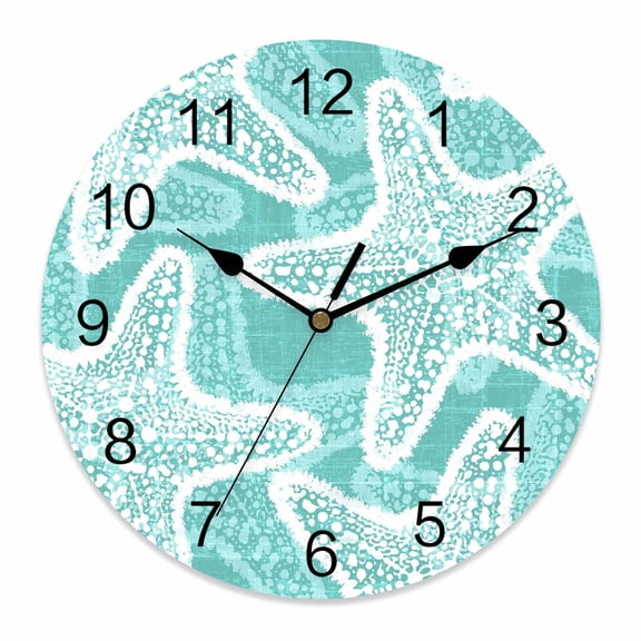 Wall Clock Aqua Coastal Starfish Clocks PVC Silent Non-Ticking Battery Operated Decorative Ocean Marine Life Round Clock for Home Living Room Kitchen Bedroom Office School Wall Decor 10 Inch