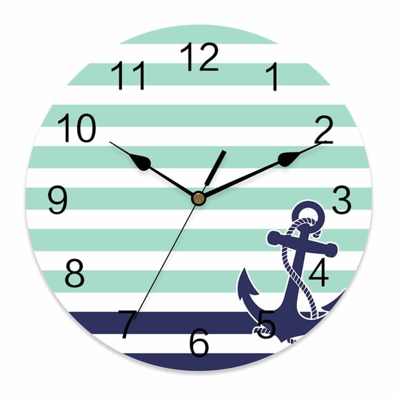 Wall Clock Aqua Stripes Clocks PVC Silent Non-Ticking Battery Operated Decorative Navy Blue Nautical Anchor Round Clock for Home Living Room Kitchen Bedroom Office School Wall Decor 10 Inch