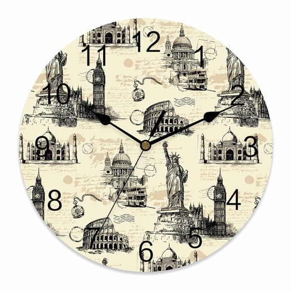 Wall Clock Architecture Landscape Clocks PVC Silent Non-Ticking Battery Operated Decorative Beige Scenic Spots Round Clock for Home Living Room Kitchen Bedroom Office School Wall Decor 10 Inch