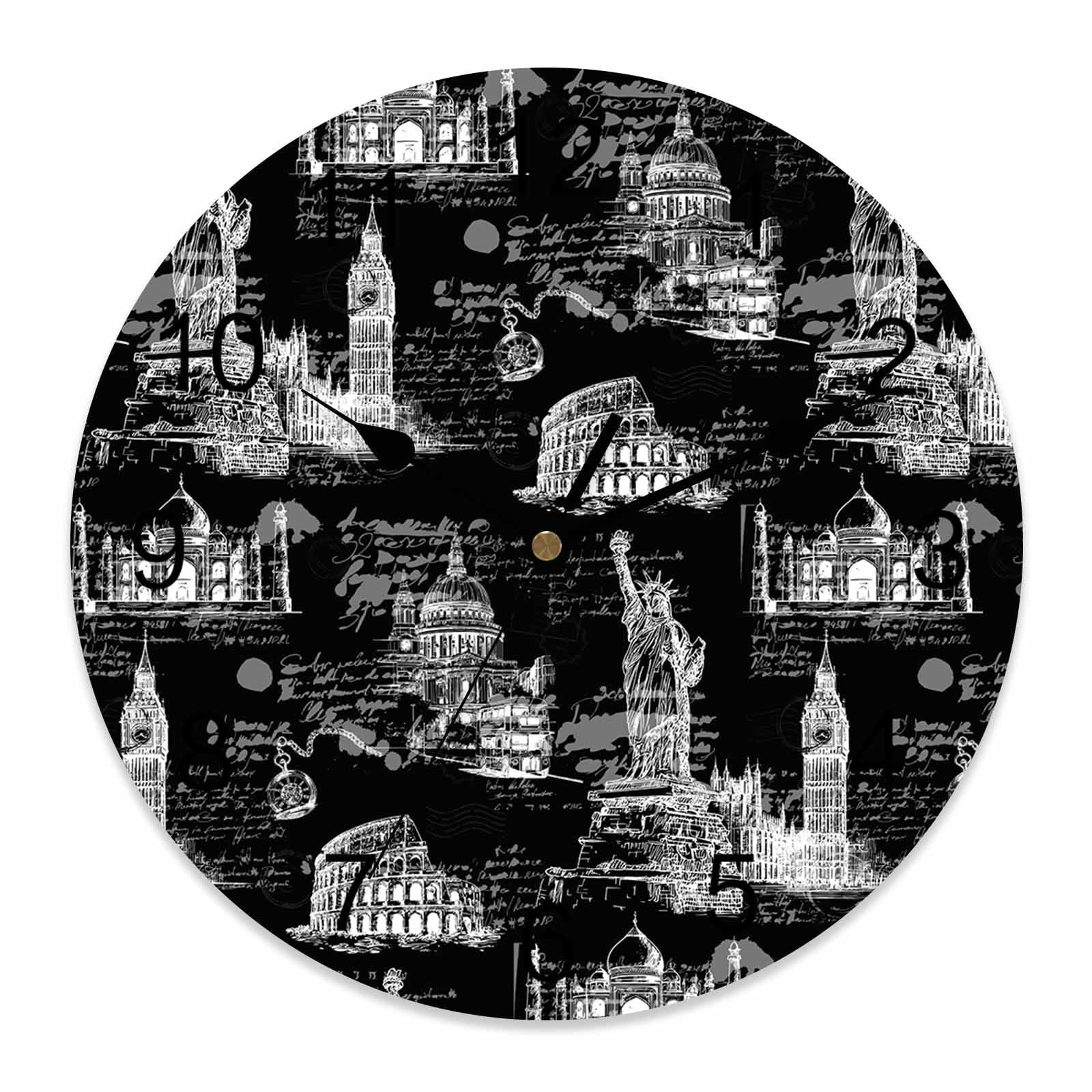 Wall Clock Architecture Landscape Clocks PVC Silent Non-Ticking Battery Operated Decorative Black Scenic Spots Round Clock for Home Living Room Kitchen Bedroom Office School Wall Decor 10 Inch