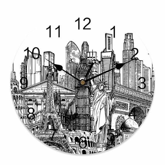 Wall Clock Architecture Landscape Clocks PVC Silent Non-Ticking Battery Operated Decorative Modern City Landmarks Round Clock for Home Living Room Kitchen Bedroom Office School Wall Decor 10 Inch