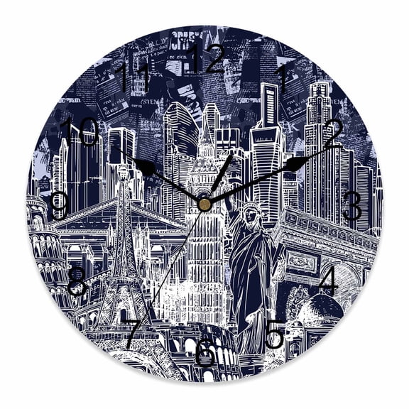 Wall Clock Architecture Landscape Clocks PVC Silent Non-Ticking Battery Operated Indigo Historic Landmarks Round Clock for Home Living Room Kitchen Bedroom Office School Wall Decor 10 Inch