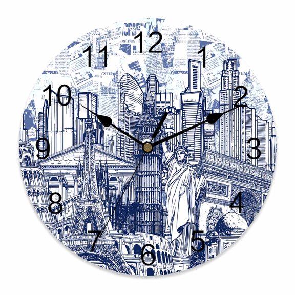 Wall Clock Architecture Landscape Clocks PVC Silent Non-Ticking Battery Operated Navy Blue Historic Landmarks Round Clock for Home Living Room Kitchen Bedroom Office School Wall Decor 10 Inch