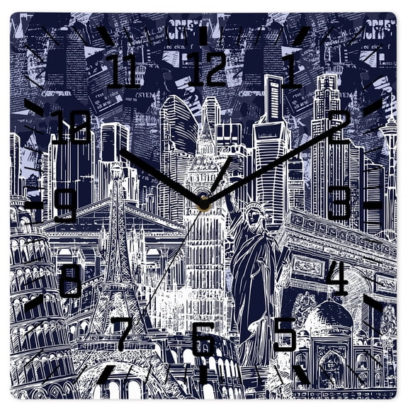 Wall Clock Architecture Landscape Operated Square Clocks Wooden Silent Non-Ticking Wallclock 10 Inch Indigo Historic Landmarks Wood Wall Clock for Living Room Bedroom Office Shool Home Decor