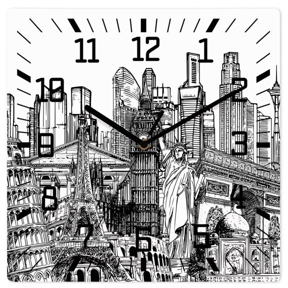Wall Clock Architecture Landscape Operated Square Clocks Wooden Silent Non-Ticking Wallclock 10 Inch Modern City Landmarks Wood Wall Clock for Living Room Bedroom Office Shool Home Decor