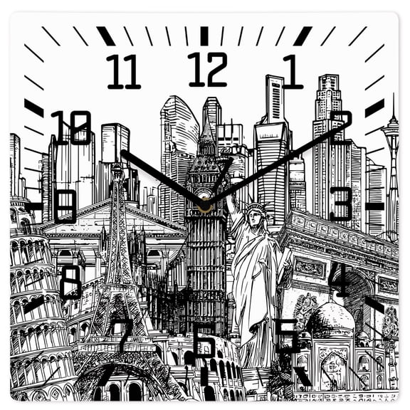 Wall Clock Architecture Landscape Operated Square Clocks Wooden Silent Non-Ticking Wallclock 12 Inch Modern City Landmarks Wood Wall Clock for Living Room Bedroom Office Shool Home Decor