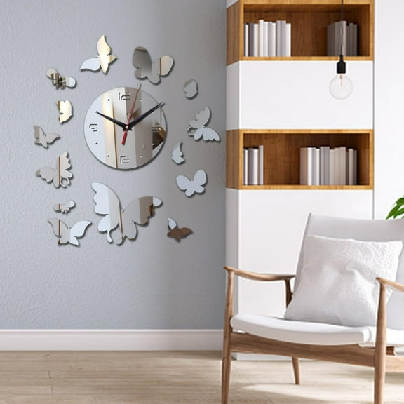 Wall Clock Art Decal DIY Mirror Sticker Butterfly Mute Acrylic Decorative for Home Bedroom Decoration , Argent Argent1
