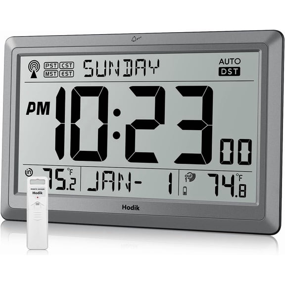 Wall Clock Atomic with Indoor Outdoor Temperature Battery Powered, Easy Reading with 10.5 Inch LCD Display, 330FT Range Table Wall Clock with DST, 12/24 Hour for Living Room Kitchen (Silver)