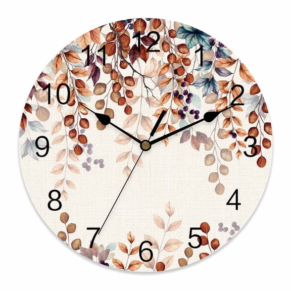Wall Clock Autumn Eucalyptus Leaves Clocks PVC Silent Non-Ticking Battery Operated Decorative Teal Orange Leaf Berry Branch Beige Round Clock for Home Living Room Kitchen Bedroom Wall Decor 10 Inch
