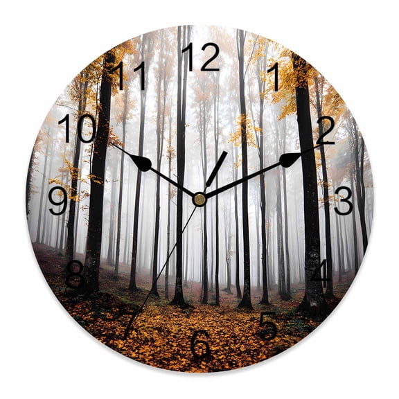 Wall Clock Autumn Maple Forest Clocks PVC Silent Non-Ticking Battery Operated Decorative Orange Misty Forest Trees Round Clock for Home Living Room Kitchen Bedroom Office School Wall Decor 10 Inch