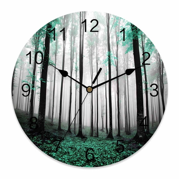 Wall Clock Autumn Maple Forest Clocks PVC Silent Non-Ticking Battery Operated Decorative Turquoise Misty Forest Trees Round Clock for Home Living Room Kitchen Bedroom Office Wall Decor 10 Inch