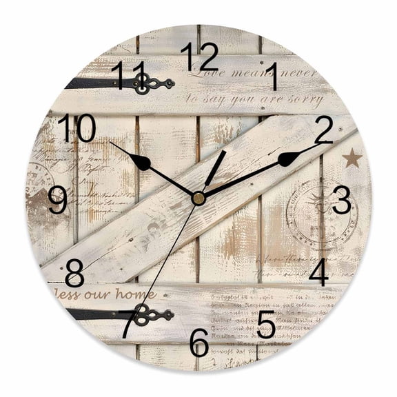 Wall Clock Barn Gate Clocks PVC Silent Non-Ticking Battery Operated Decorative Farmhouse Wood Grain Walls Door Round Clock for Home Living Room Kitchen Bedroom Office School Wall Decor 10 Inch