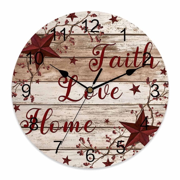 Wall Clock Barn Star Berry Clocks PVC Silent Non-Ticking Battery Operated Decorative Brown Wood Faith Love Home Round Clock for Home Living Room Kitchen Bedroom Office School Wall Decor 10 Inch
