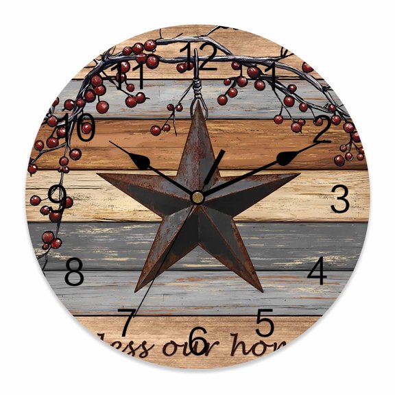 Wall Clock Barn Star Berry Clocks PVC Silent Non-Ticking Battery Operated Decorative Retro Grey Brown Wood Grain Round Clock for Home Living Room Kitchen Bedroom Office School Wall Decor 10 Inch