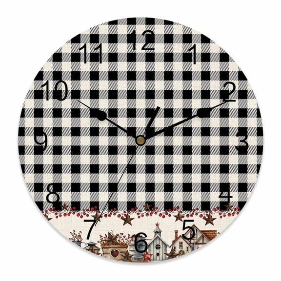 Wall Clock Barn Star Farmhouse Clocks PVC Silent Non-Ticking Battery Operated Decorative Black Buffalo Plaid Round Clock for Home Living Room Kitchen Bedroom Office School Wall Decor 10 Inch