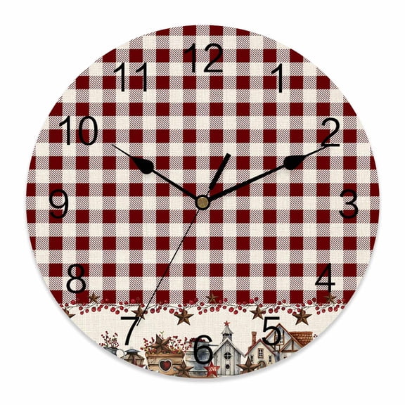 Wall Clock Barn Star Farmhouse Clocks PVC Silent Non-Ticking Battery Operated Decorative Red Buffalo Plaid Round Clock for Home Living Room Kitchen Bedroom Office School Wall Decor 10 Inch