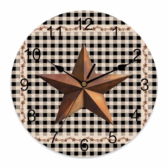 Wall Clock Barn Star Texas Clocks PVC Silent Non-Ticking Battery Operated Decorative Berry Country Black Plaid Round Clock for Home Living Room Kitchen Bedroom Office School Wall Decor 10 Inch