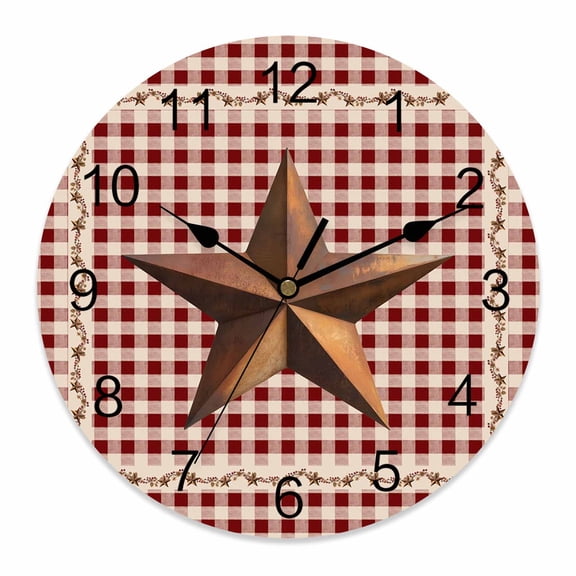 Wall Clock Barn Star Texas Clocks PVC Silent Non-Ticking Battery Operated Decorative Berry Country Red Plaid Round Clock for Home Living Room Kitchen Bedroom Office School Wall Decor 10 Inch
