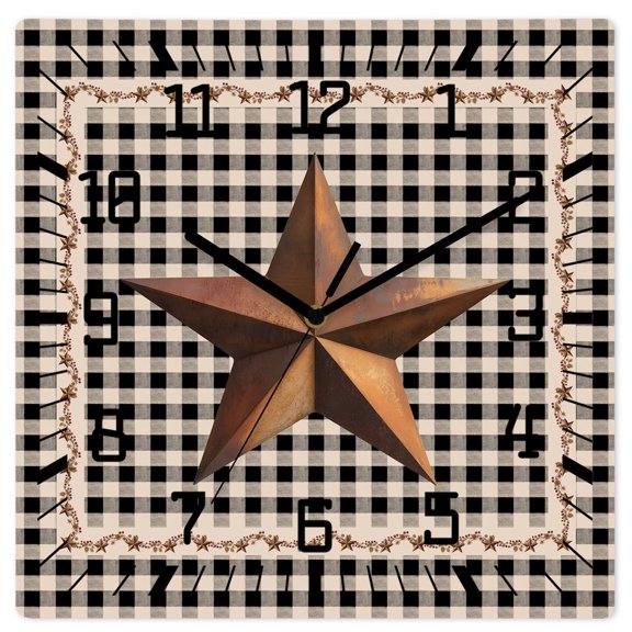 Wall Clock Barn Star Texas Operated Square Clocks Wooden Silent Non-Ticking Wallclock 10 Inch Berry Country Black Plaid Wood Wall Clock for Living Room Bedroom Office Shool Home Decor