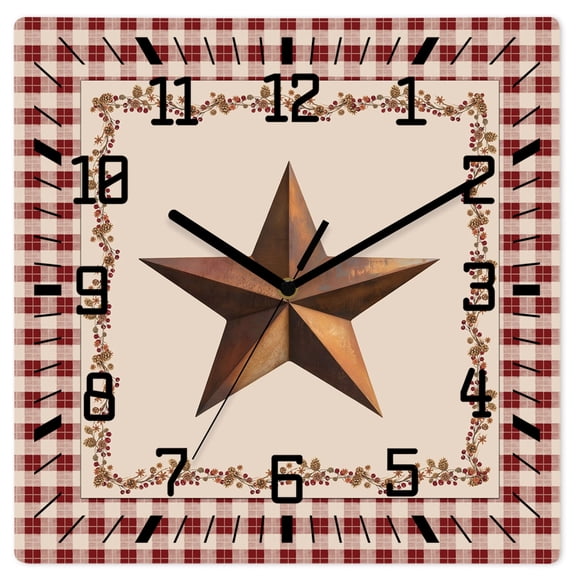 Wall Clock Barn Star Texas Operated Square Clocks Wooden Silent Non-Ticking Wallclock 10 Inch Berry Retro Country Red Plaid Wood Wall Clock for Living Room Bedroom Office Shool Home Decor