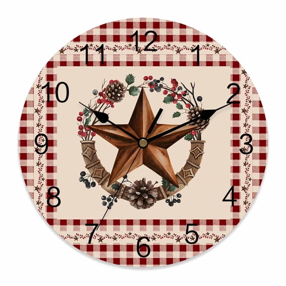 Wall Clock Barn Star Wreath Clocks PVC Silent Non-Ticking Battery Operated Decorative Berry Red Buffalo Plaid Round Clock for Home Living Room Kitchen Bedroom Office School Wall Decor 10 Inch