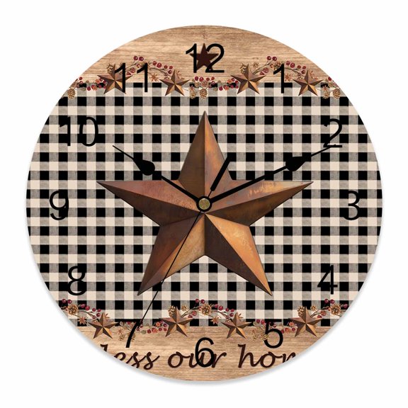 Wall Clock Barn Stars Berry Clocks PVC Silent Non-Ticking Battery Operated Farmhouses Rustic Wood Black Plaid Round Clock for Home Living Room Kitchen Bedroom Office School Wall Decor 10 Inch