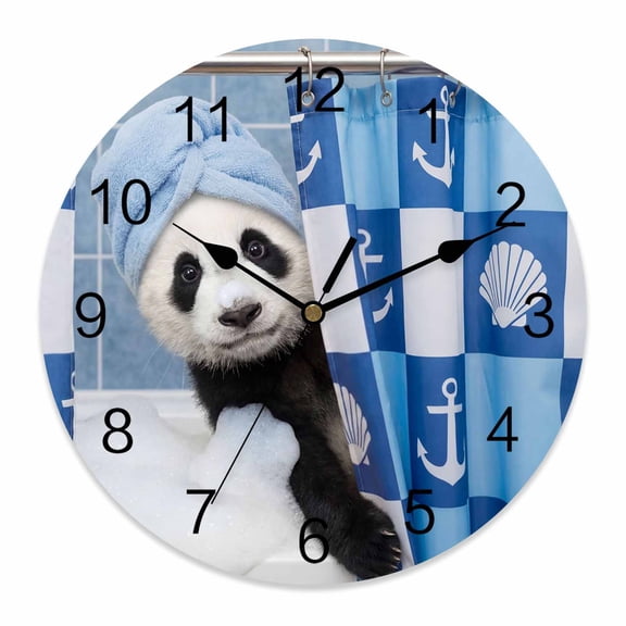 Wall Clock Bathing Panda Clocks PVC Silent Non-Ticking Battery Operated Decorative Funny Animal Showering Round Clock for Home Living Room Kitchen Bedroom Office School Wall Decor 10 Inch