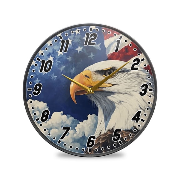 Wall Clock Battery Operated Non-Ticking Silent for Living Room Bedroom Kitchen Office Decor American Flag and Eagle 12"
