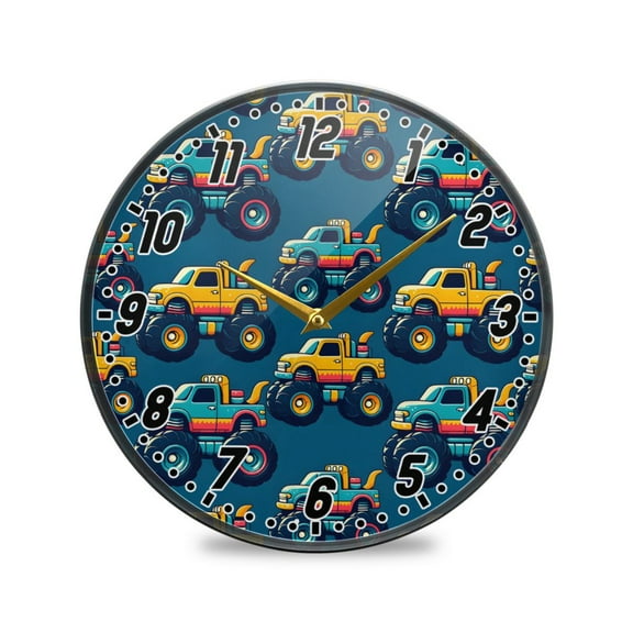 Wall Clock Battery Operated Non-Ticking Silent for Living Room Bedroom Kitchen Office Decor Beautiful Monster Trucks Car 9.5"