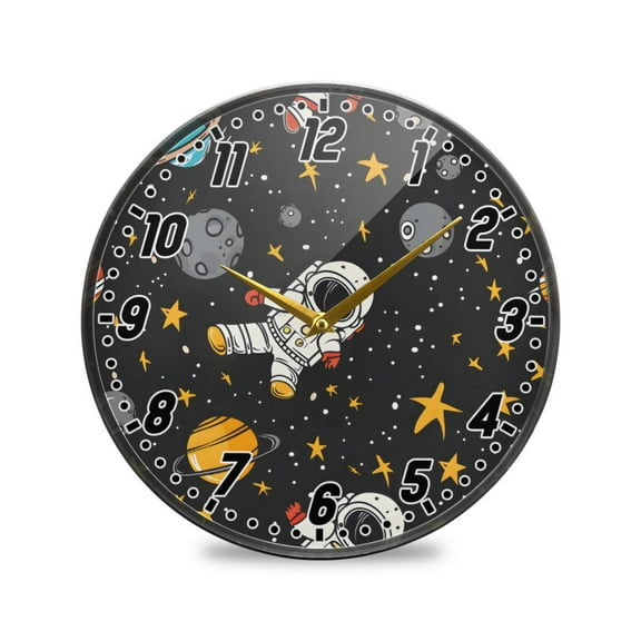 Wall Clock Battery Operated Non-Ticking Silent for Living Room Bedroom Kitchen Office Decor Cartoon Astronauts Stars Asteroids 12"