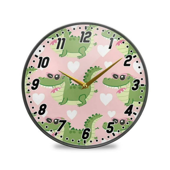 Wall Clock Battery Operated Non-Ticking Silent for Living Room Bedroom Kitchen Office Decor Cartoon Crocodiles with Heart Sunglasses 12"