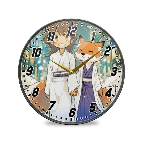 Wall Clock Battery Operated Non-Ticking Silent for Living Room Bedroom Kitchen Office Decor Cartoon Fox on Street 12"