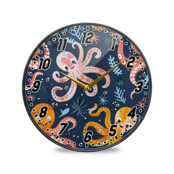 Wall Clock Battery Operated Non-Ticking Silent for Living Room Bedroom Kitchen Office Decor Cartoon Funny Octopus 12"