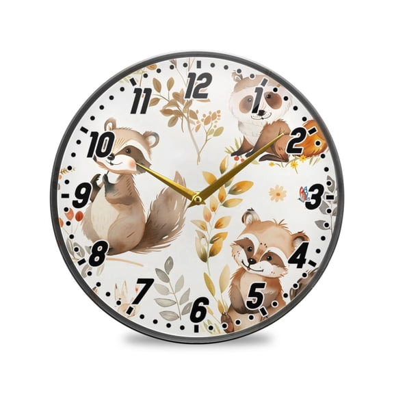Wall Clock Battery Operated Non-Ticking Silent for Living Room Bedroom Kitchen Office Decor Cartoon Raccoon Fox 12"