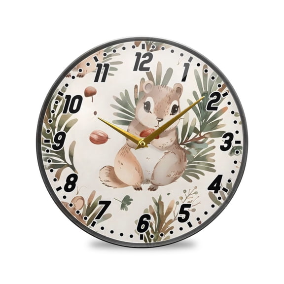Wall Clock Battery Operated Non-Ticking Silent for Living Room Bedroom Kitchen Office Decor Cartoon Squirrel and Pine Nut 12"