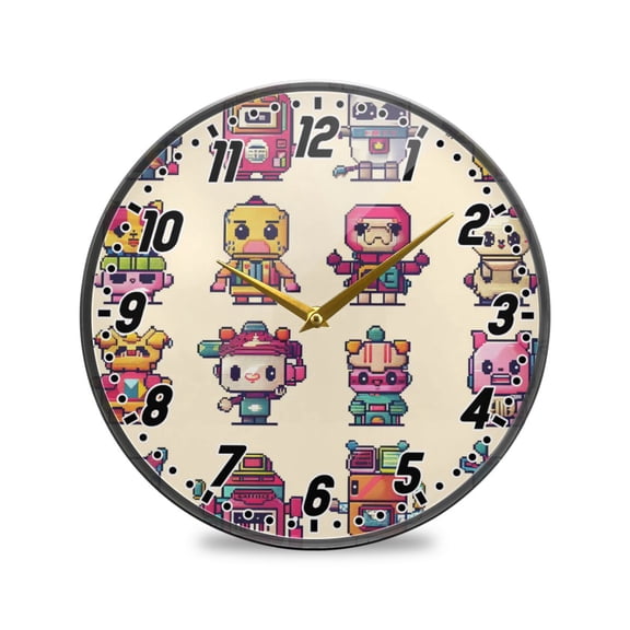 Wall Clock Battery Operated Non-Ticking Silent for Living Room Bedroom Kitchen Office Decor Characters Pixel Style 12"