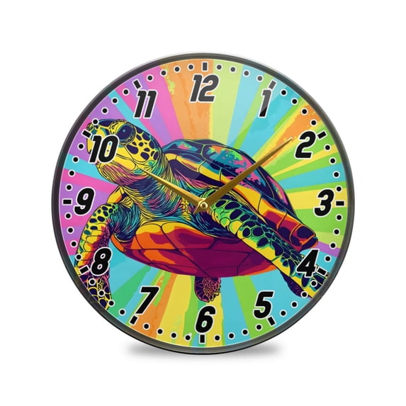 Wall Clock Battery Operated Non-Ticking Silent for Living Room Bedroom Kitchen Office Decor Colorful Turtle 9.5"