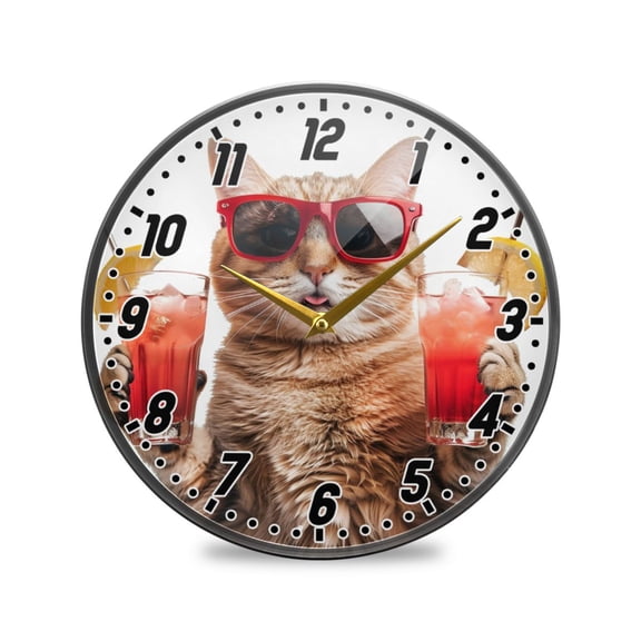 Wall Clock Battery Operated Non-Ticking Silent for Living Room Bedroom Kitchen Office Decor Cool Cat with Drinks 9.5"