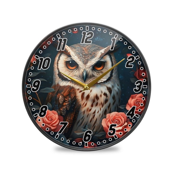 Wall Clock Battery Operated Non-Ticking Silent for Living Room Bedroom Kitchen Office Decor Cool Owl with Rose 12"